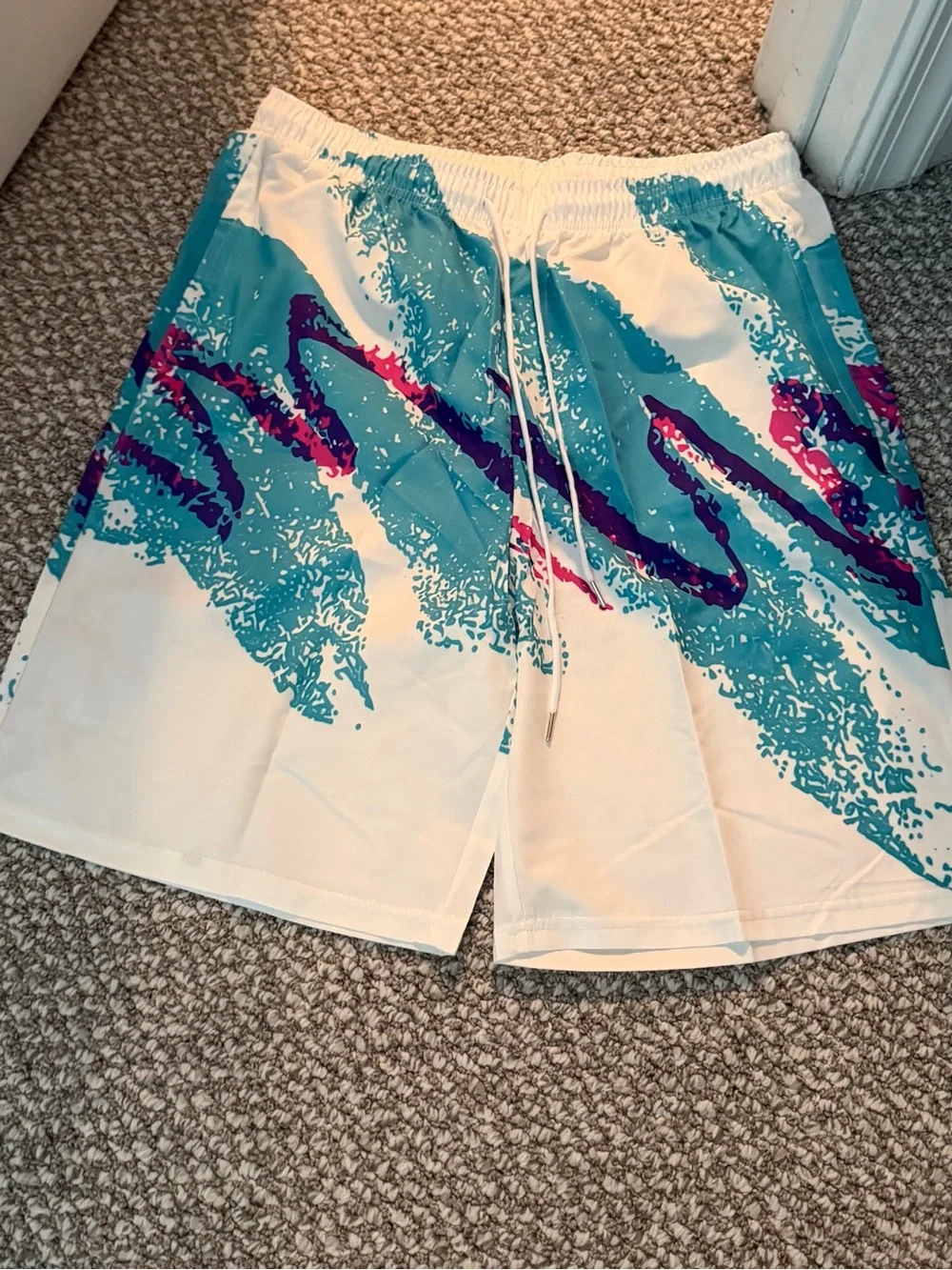 Men's White Swim Trunks with Teal & Purple Wave Print Large never worn